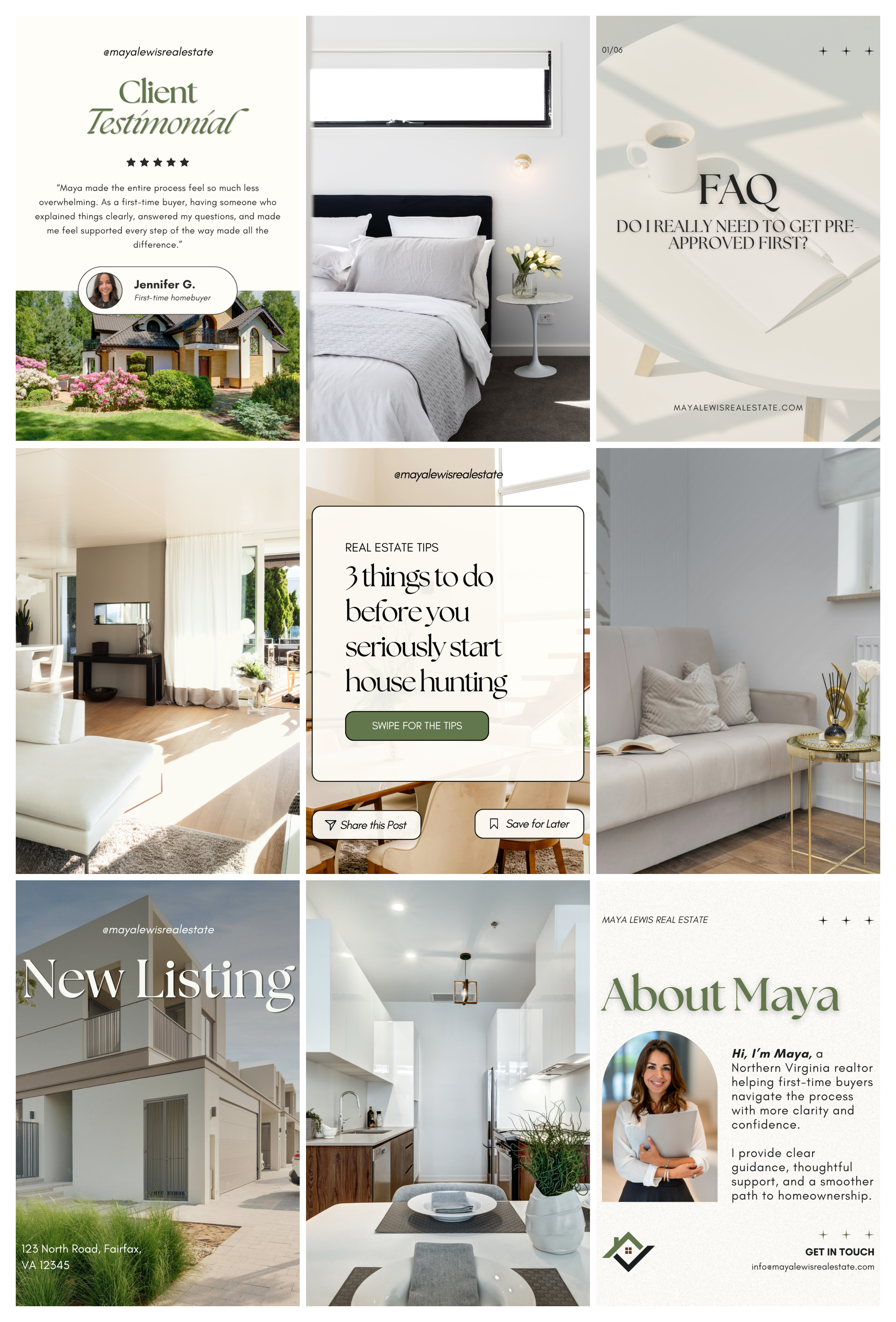 Instagram grid preview of the Maya Lewis Real Estate content direction
