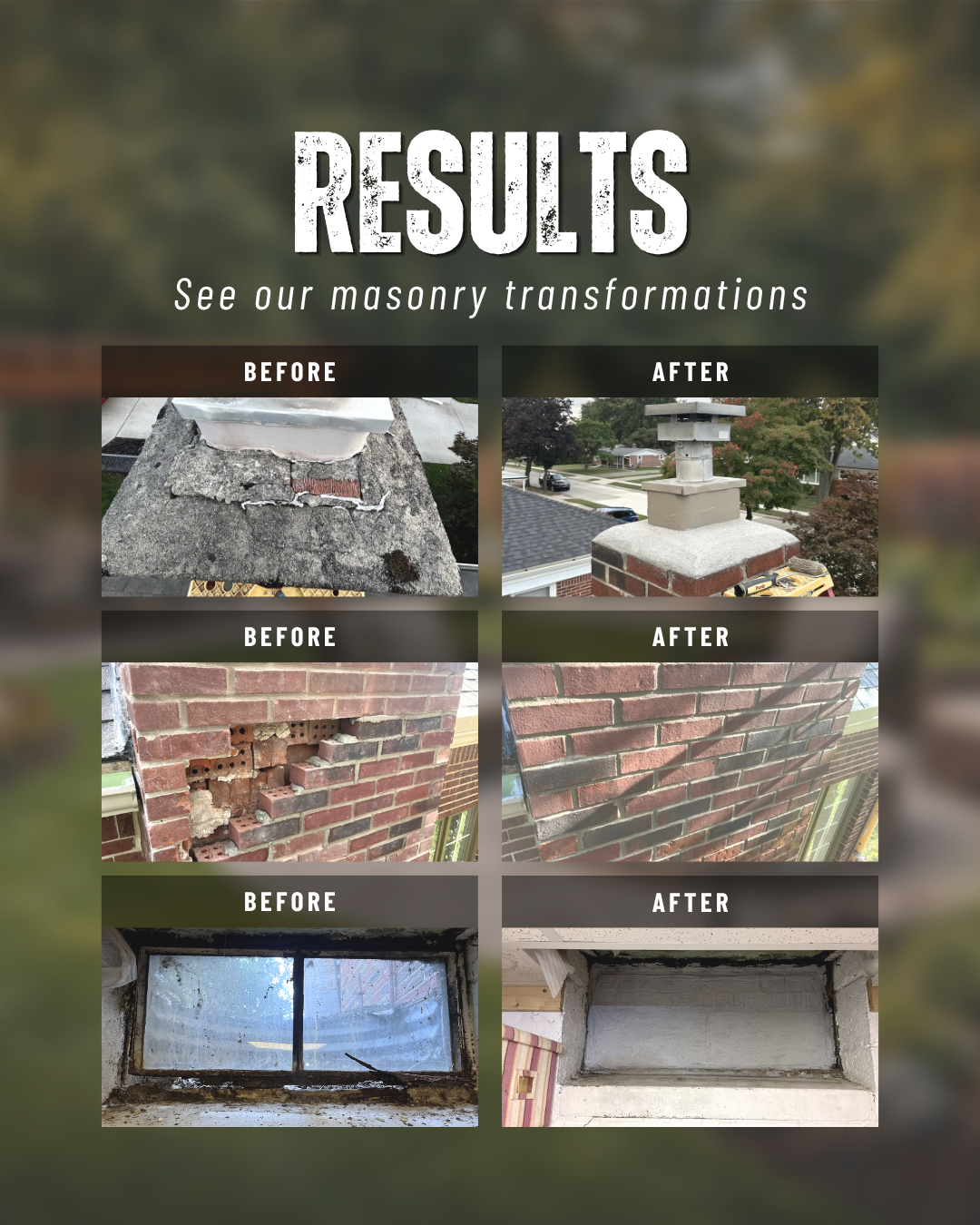 Slide 3: Before and after results showing chimney, brick wall, and window sill repairs
