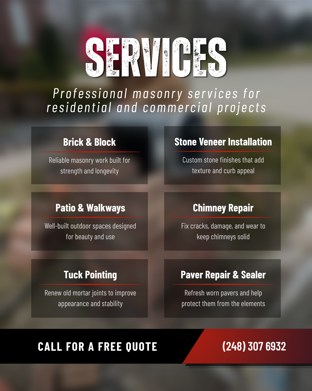 Slide 2: Services overview, brick and block, stone veneer, patio and walkways, chimney repair, tuck pointing, paver repair and sealer